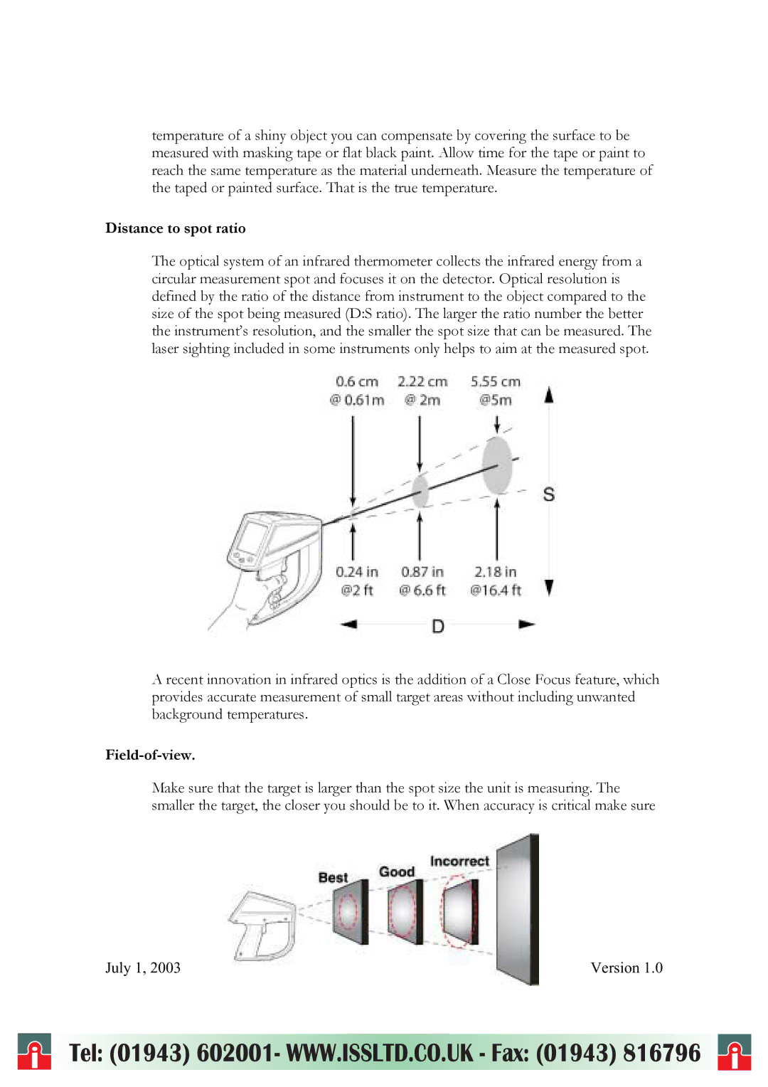 RayTek ThermoView Ti30 user manual Distance to spot ratio, Field-of-view 