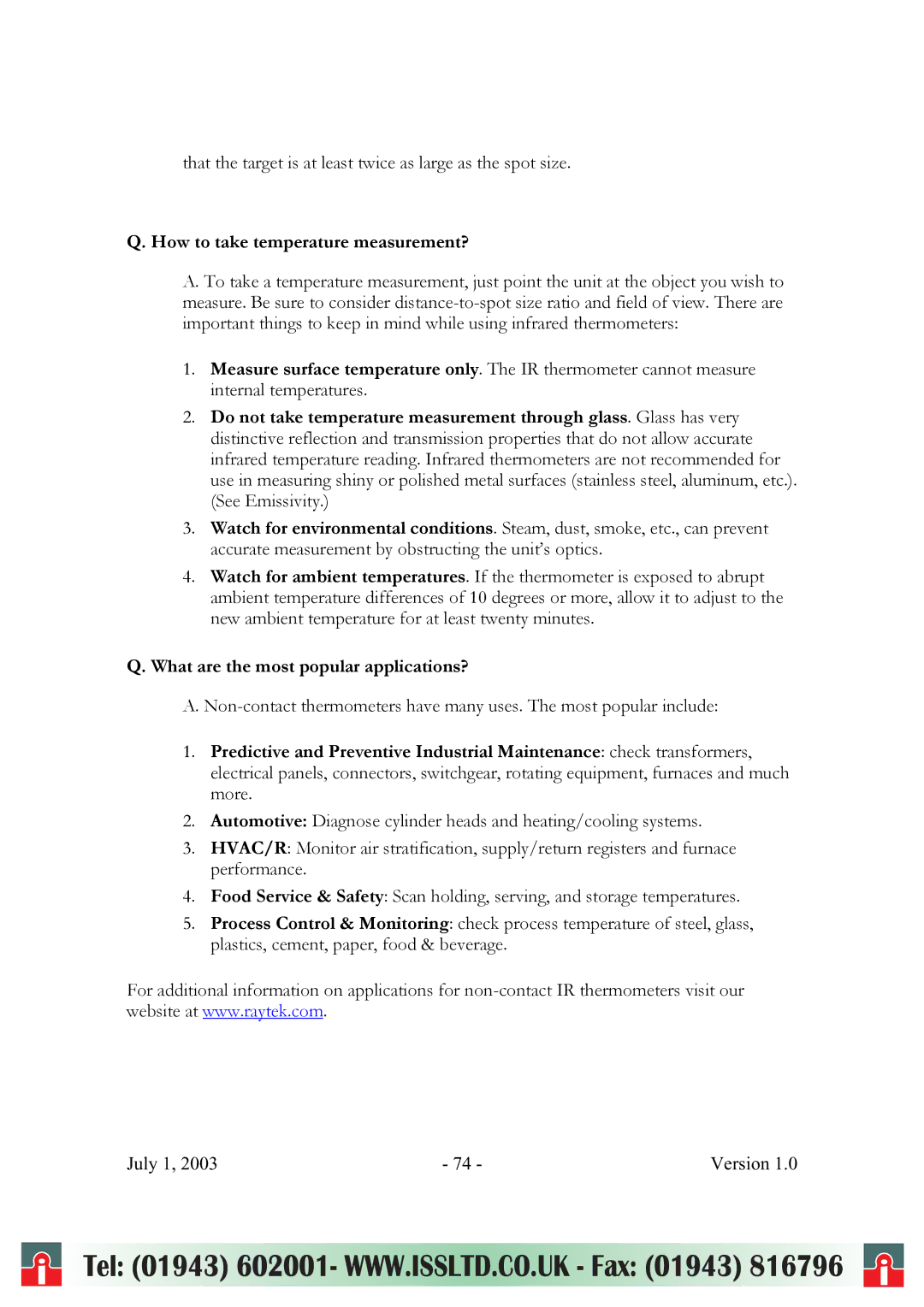 RayTek ThermoView Ti30 user manual How to take temperature measurement?, What are the most popular applications? 