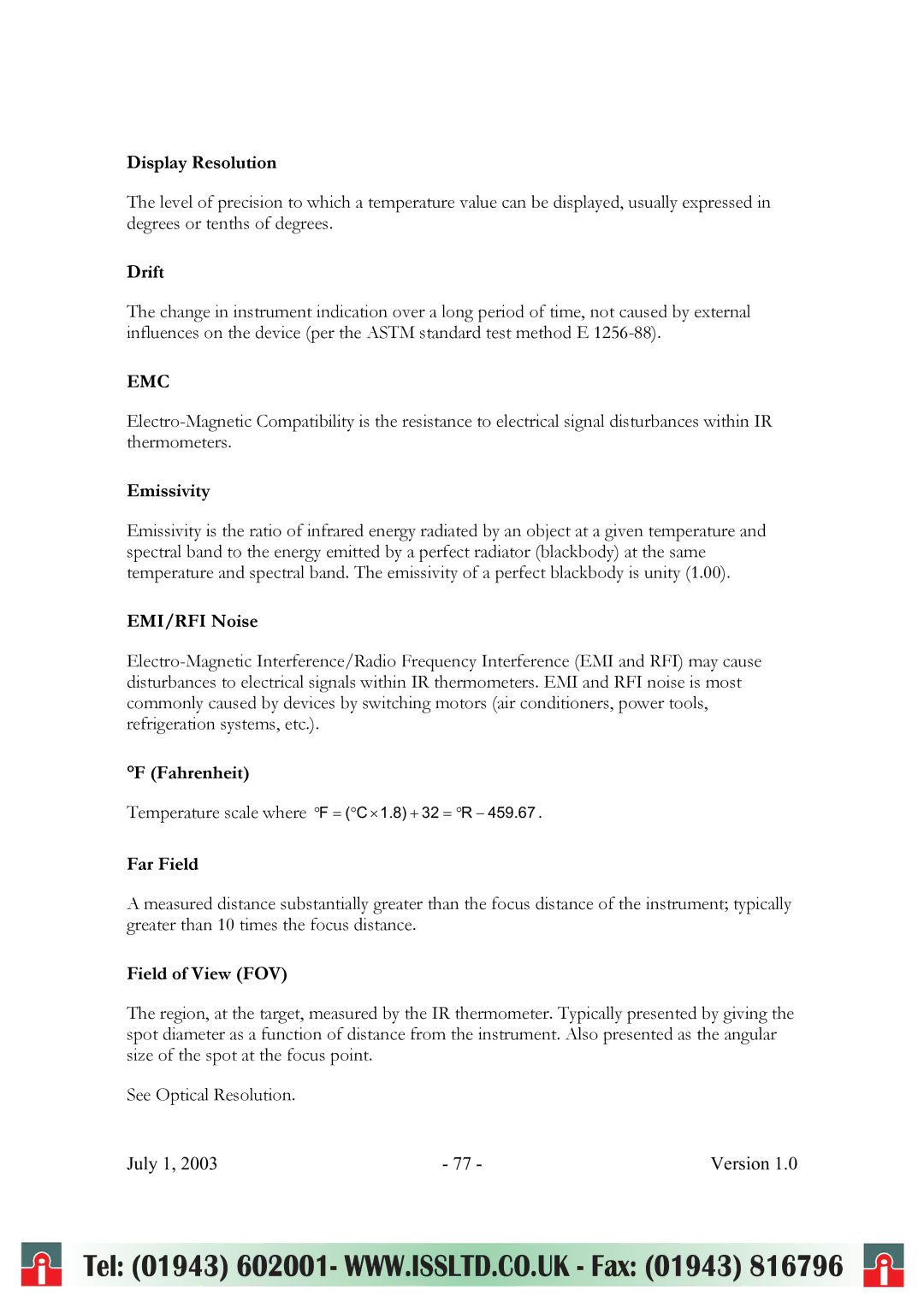 RayTek ThermoView Ti30 user manual Display Resolution, Drift, EMI/RFI Noise, Far Field, Field of View FOV 