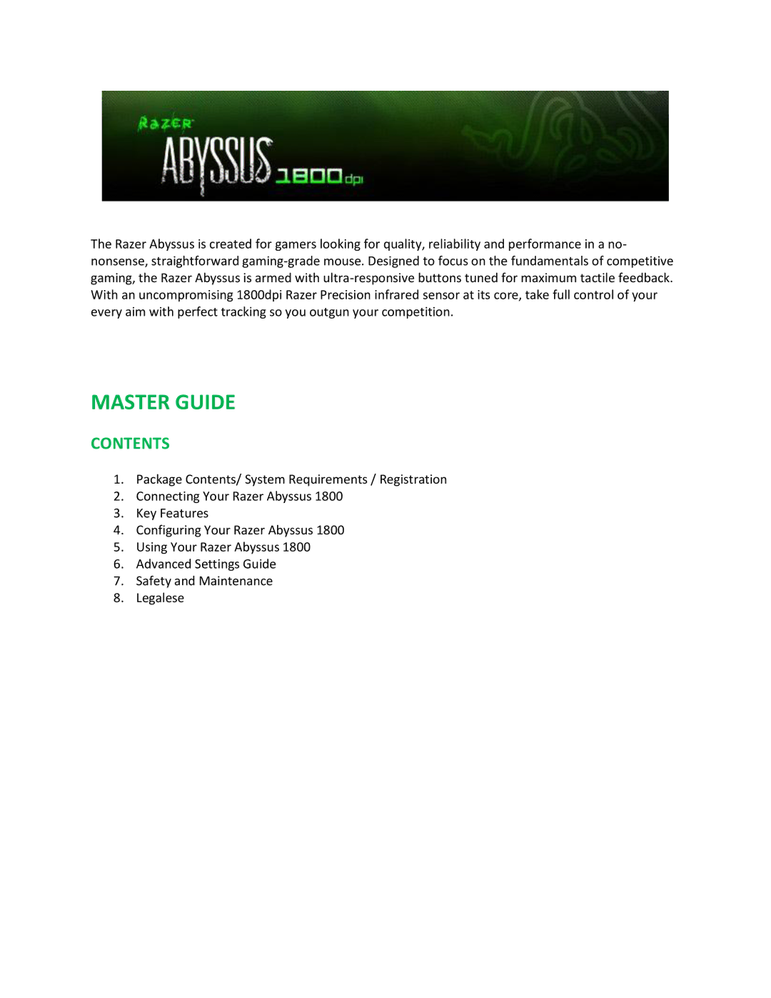 Razer 1800 manual Master Guide, Contents 