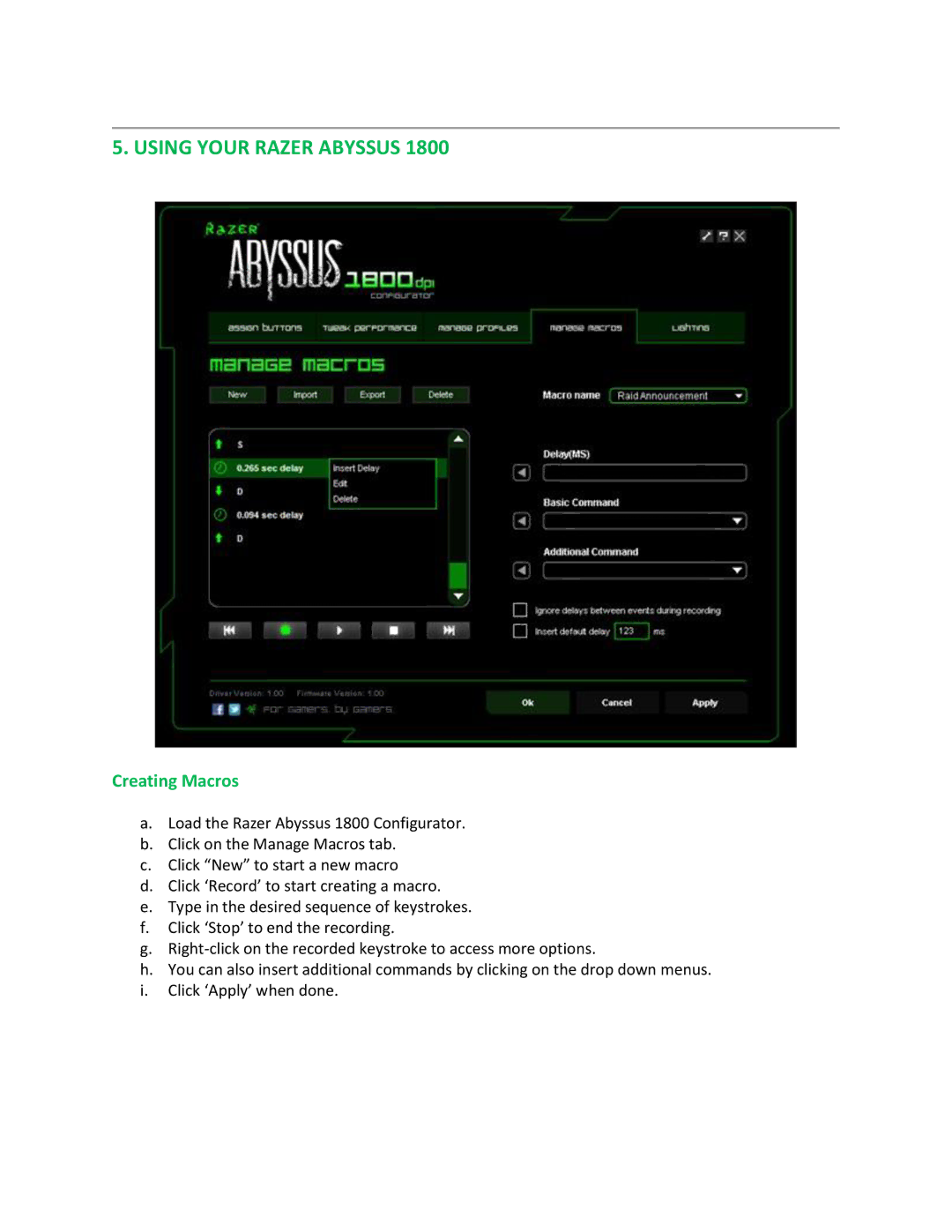 Razer 1800 manual Using Your Razer Abyssus, Creating Macros 