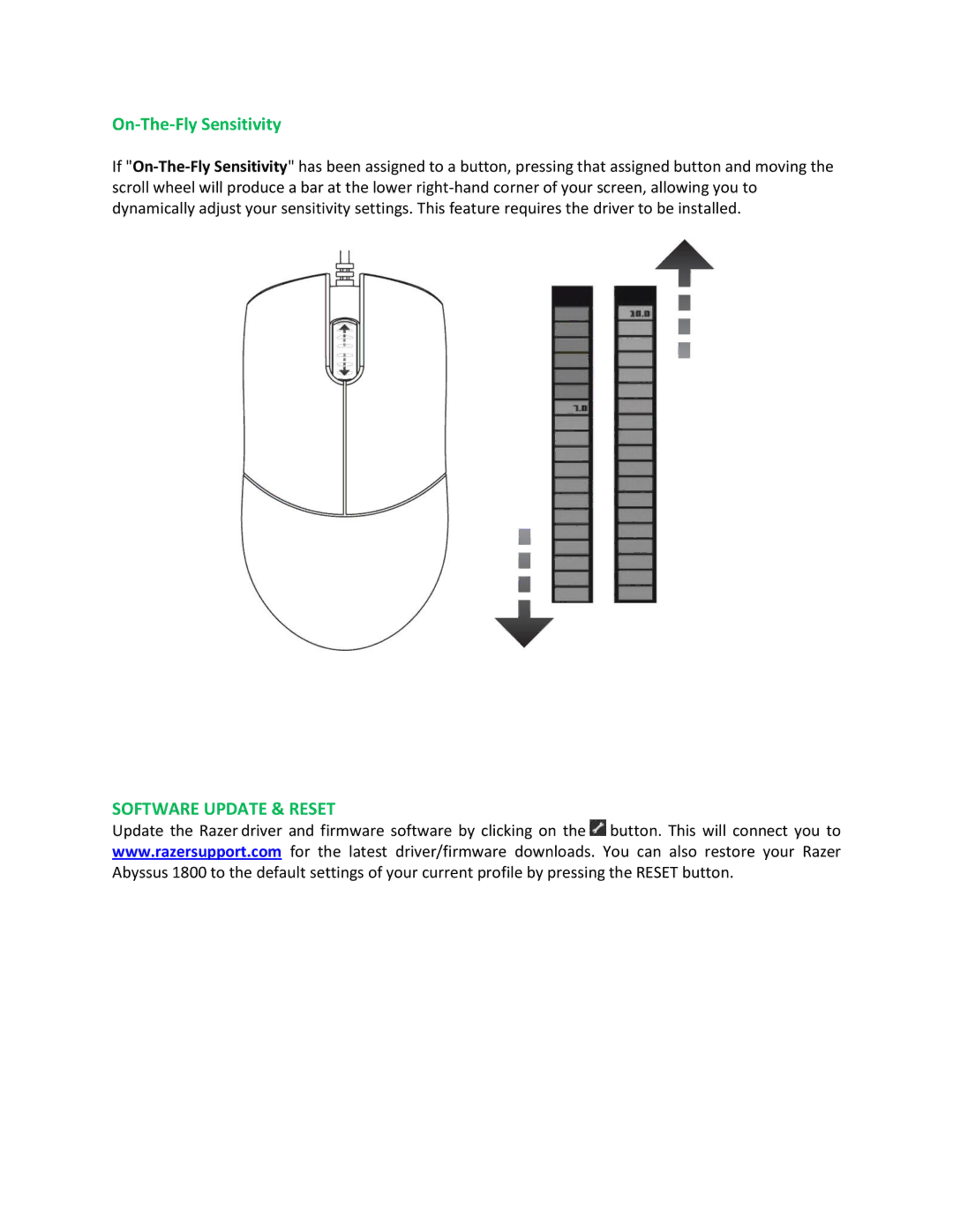 Razer 1800 manual On-The-Fly Sensitivity, Software Update & Reset 