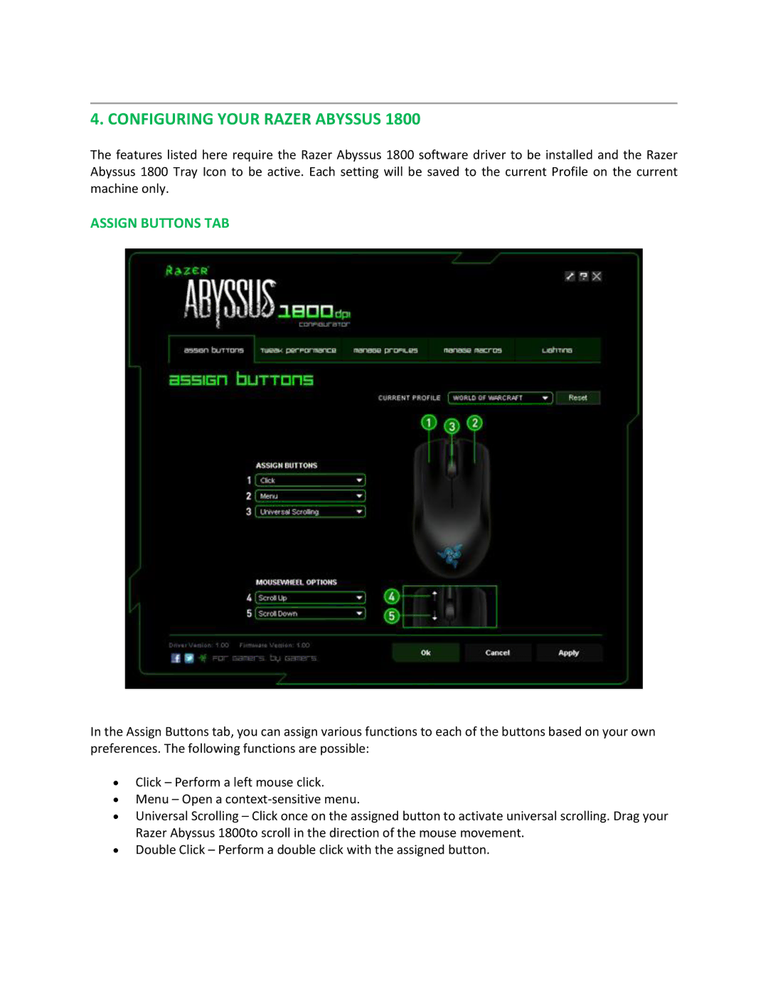 Razer 1800 manual Configuring Your Razer Abyssus, Assign Buttons TAB 