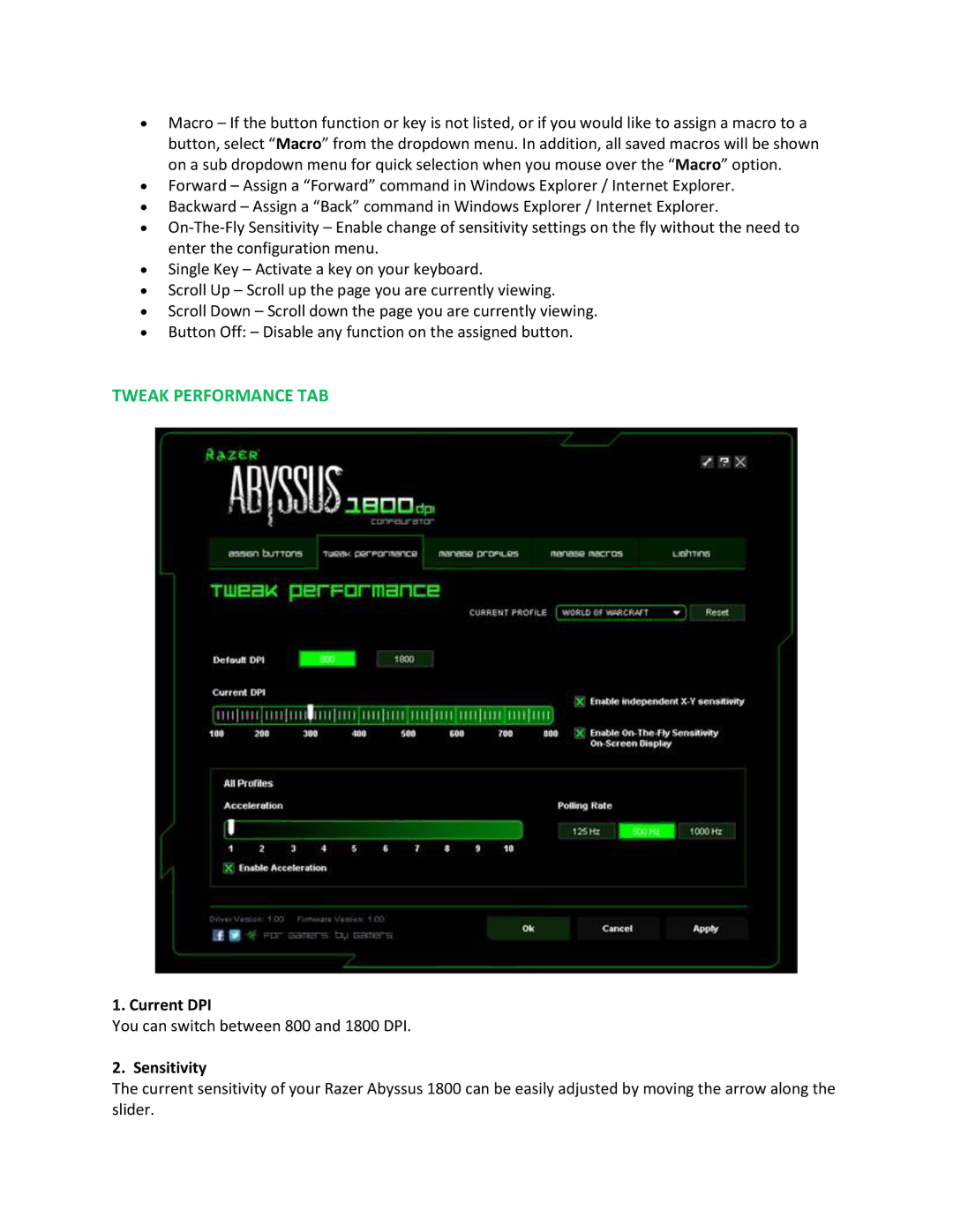 Razer 1800 manual Tweak Performance TAB, Sensitivity 