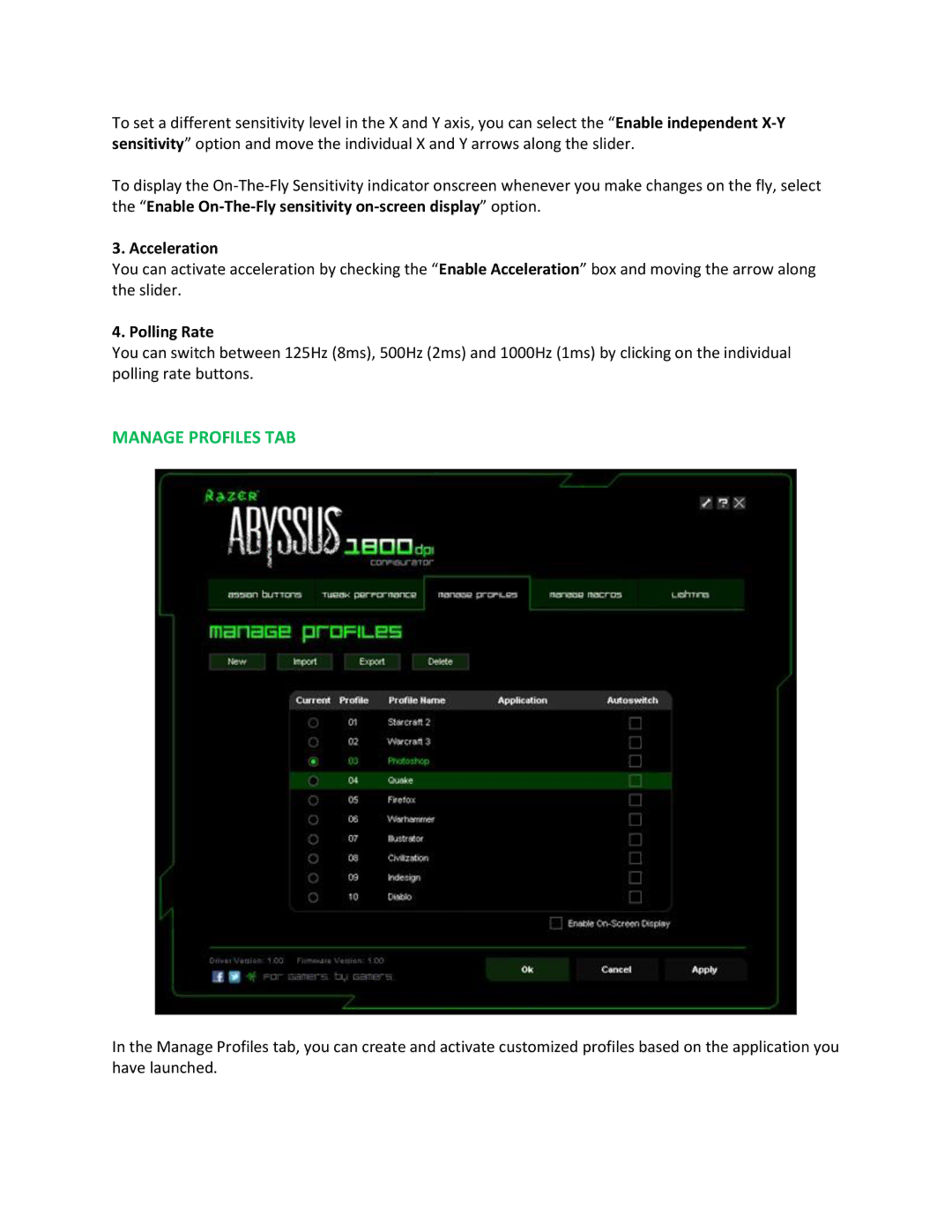 Razer 1800 manual Manage Profiles TAB, Acceleration 