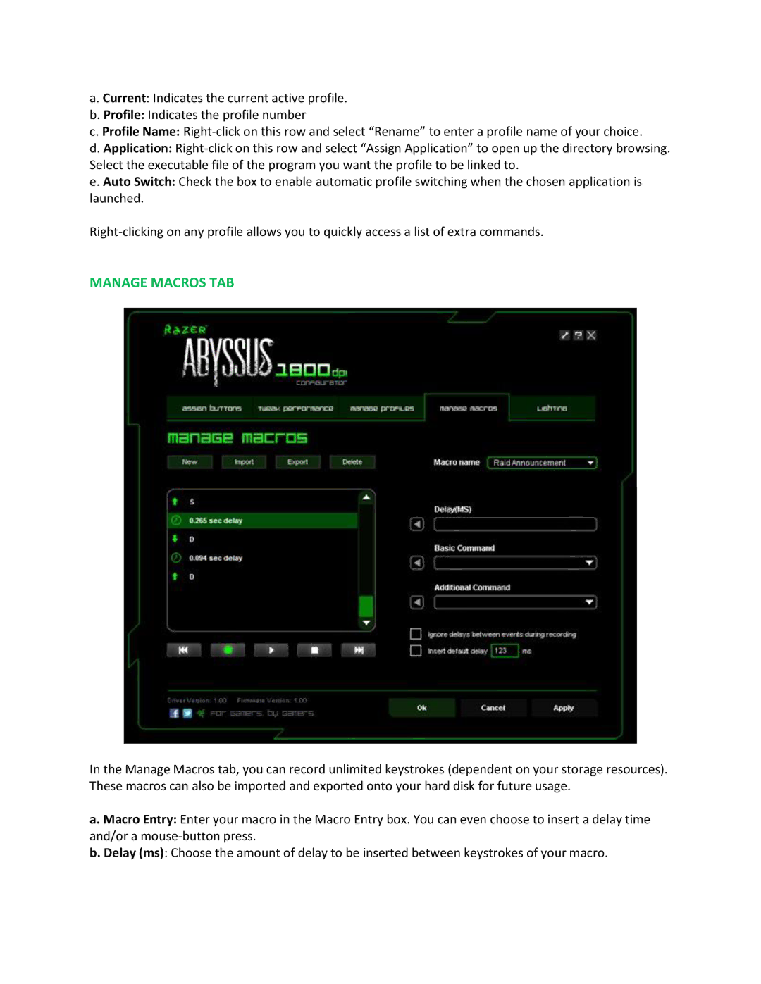 Razer 1800 manual Manage Macros TAB 