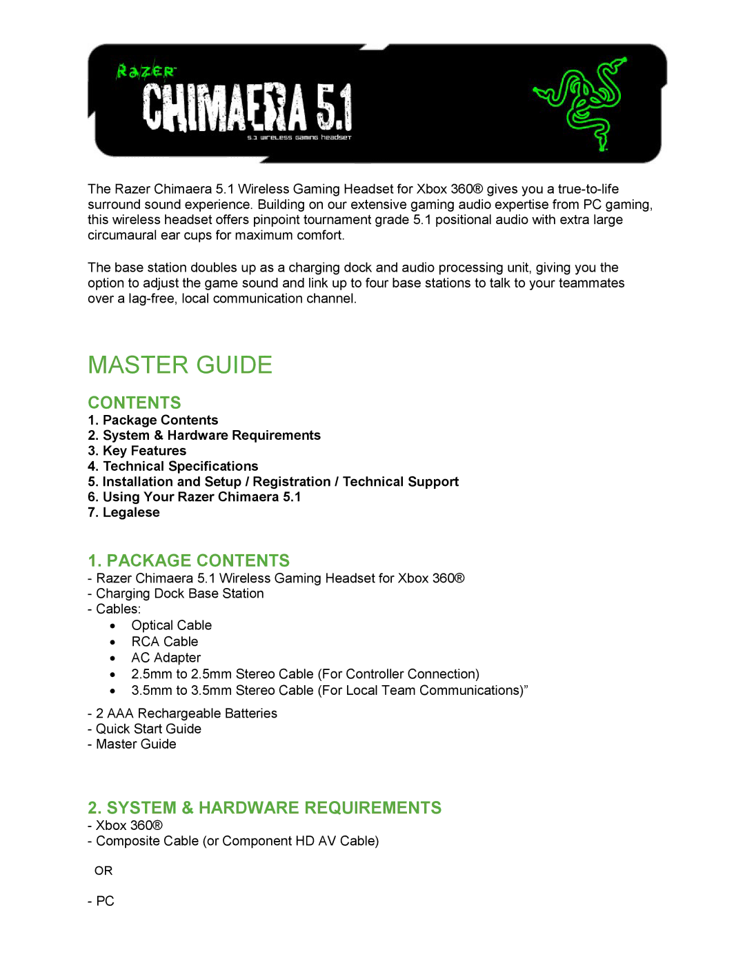 Razer 5.1 technical specifications Package Contents, System & Hardware Requirements 