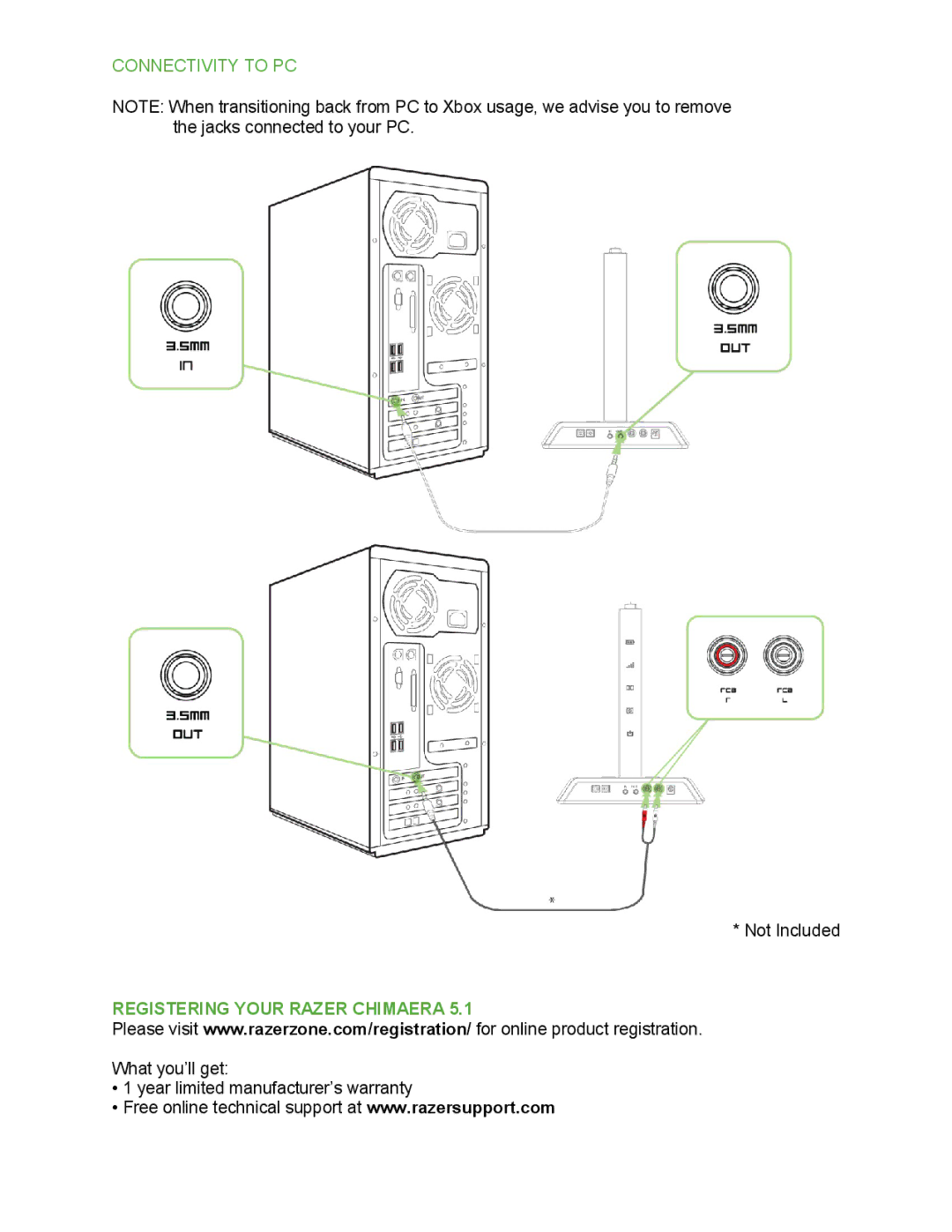 Razer 5.1 technical specifications Connectivity to PC, Registering Your Razer Chimaera 