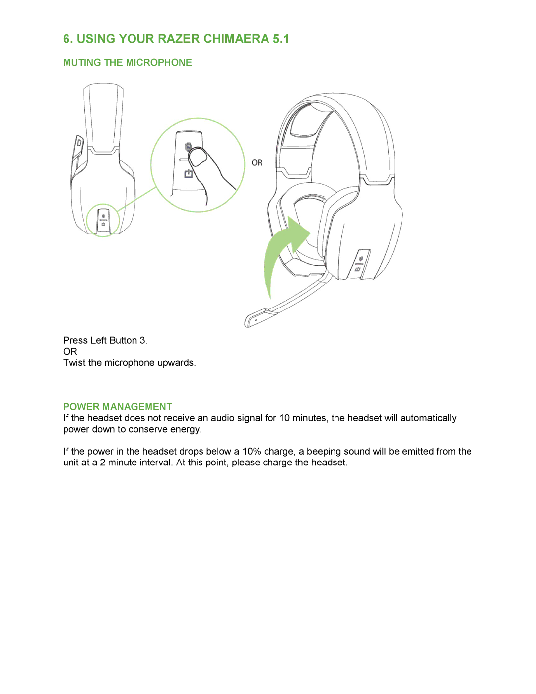 Razer 5.1 technical specifications Using Your Razer Chimaera, Muting the Microphone, Power Management 