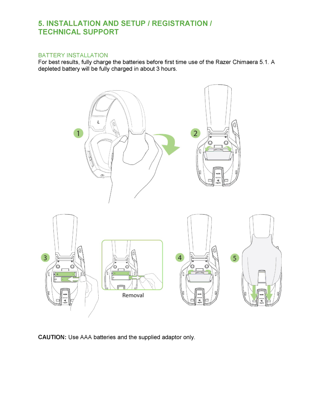 Razer 5.1 technical specifications Installation and Setup / Registration / Technical Support, Battery Installation 