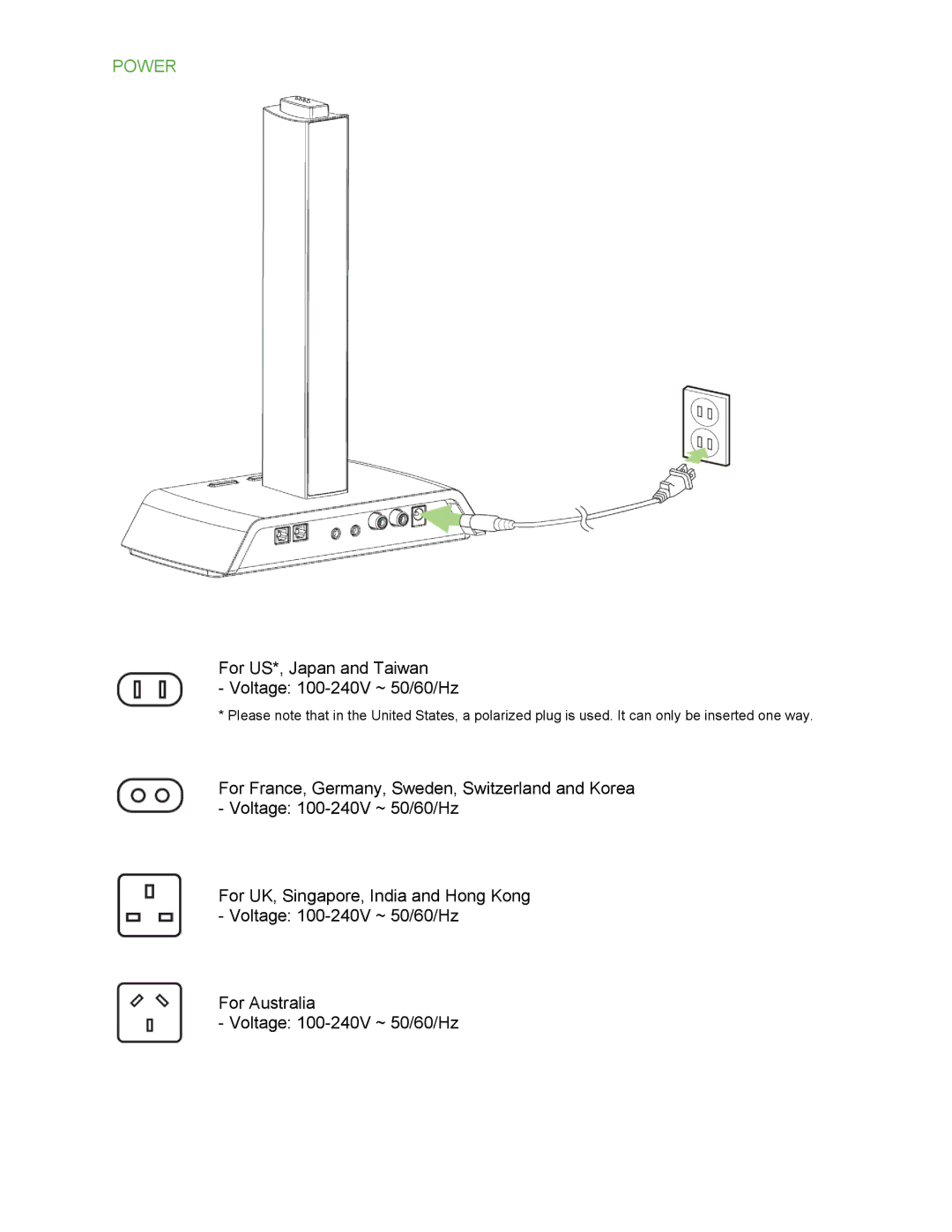 Razer 5.1 technical specifications Power, For US*, Japan and Taiwan Voltage 100-240V ~ 50/60/Hz 