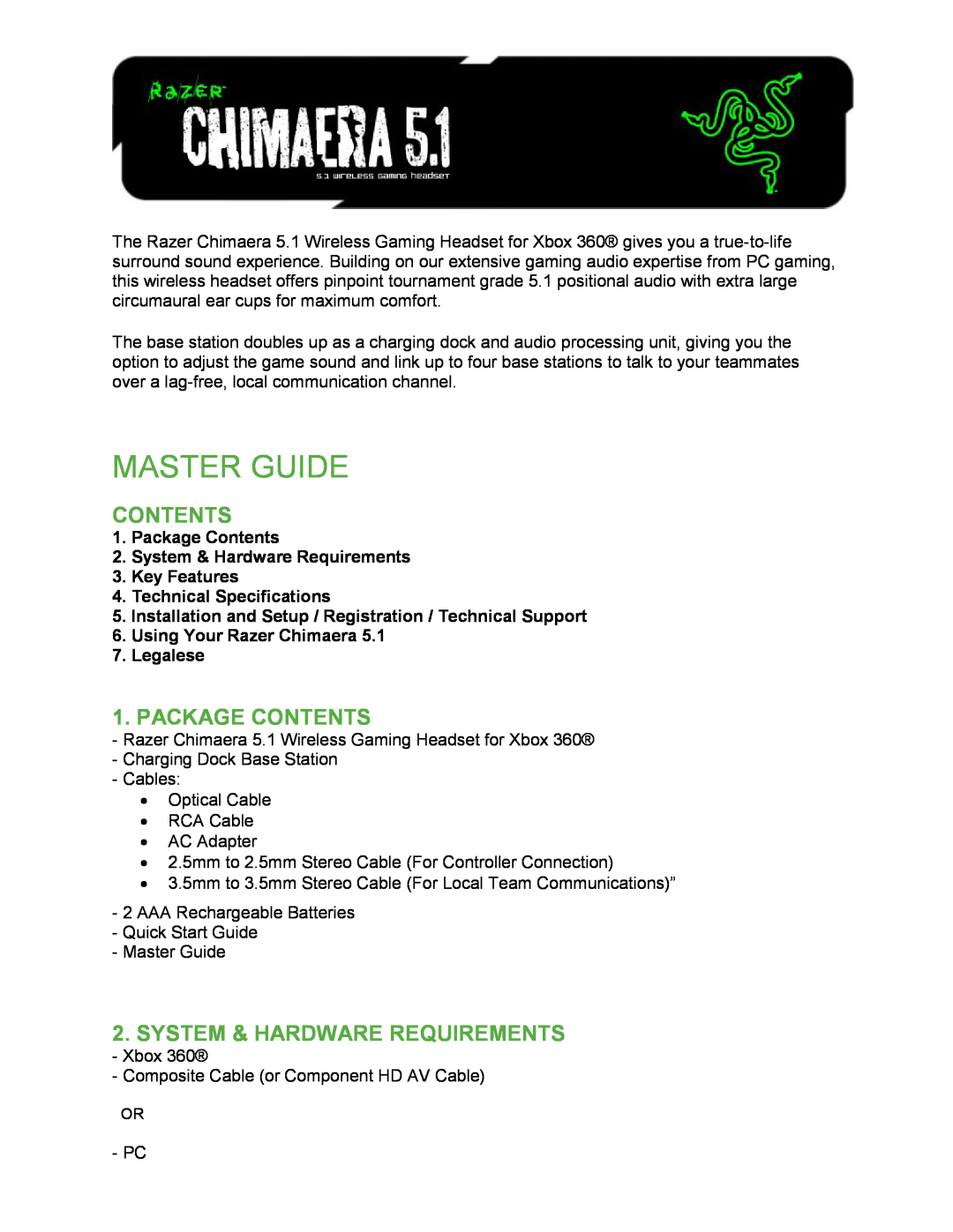 Razer 5.1 technical specifications Package Contents, System & Hardware Requirements, Technical Specifications 