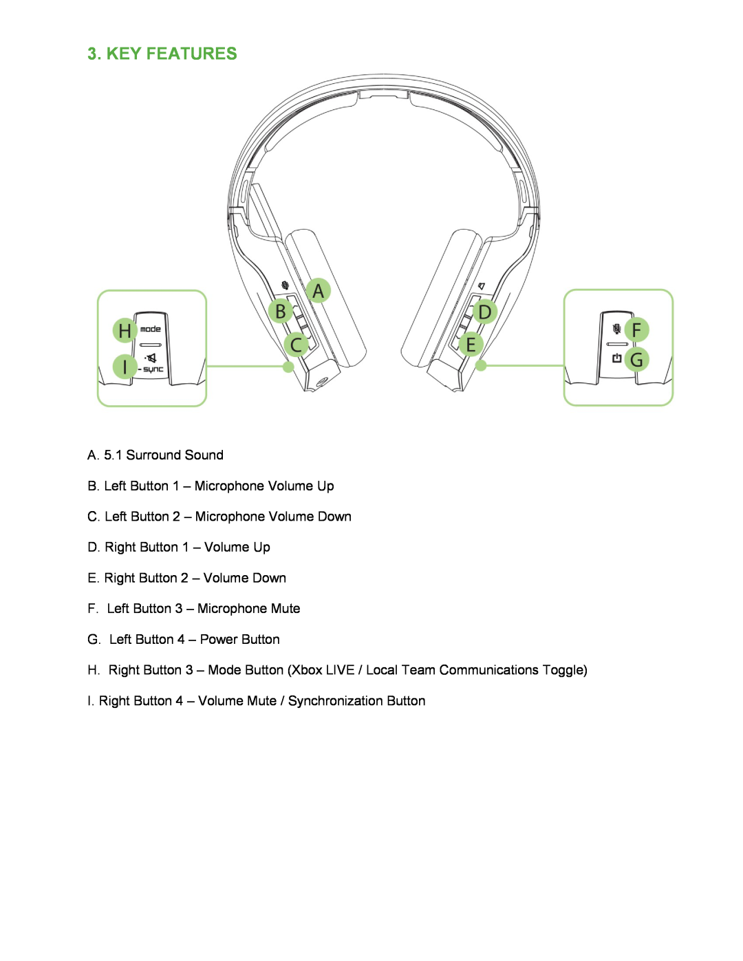Razer Key Features, A. 5.1 Surround Sound, B. Left Button 1 - Microphone Volume Up, D. Right Button 1 - Volume Up 