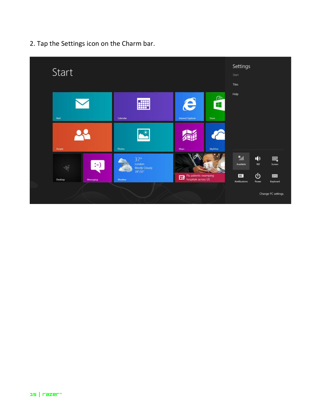Razer Razer Edge Pro manual Tap the Settings icon on the Charm bar 
