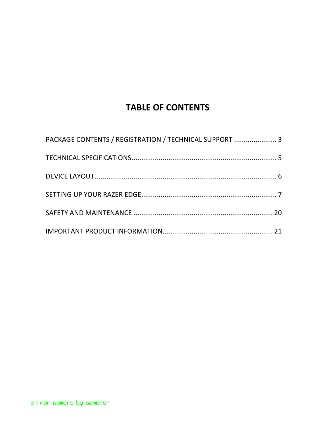 Razer Razer Edge Pro manual Table of Contents 