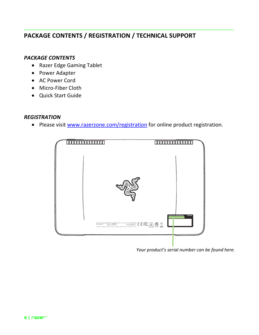 Razer Razer Edge Pro manual Package Contents / Registration / Technical Support 