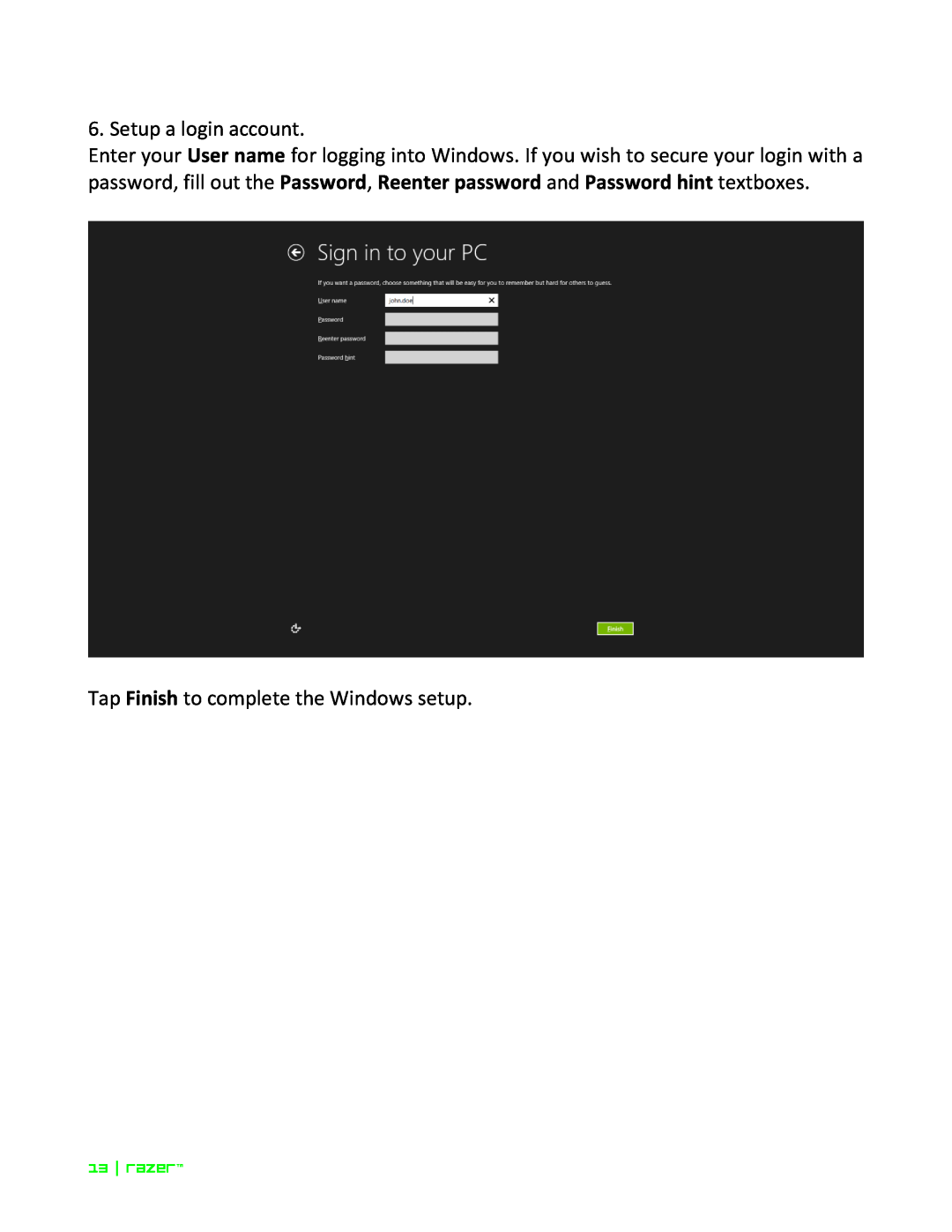Razer Razer Edge Pro manual Setup a login account, Tap Finish to complete the Windows setup, razer 