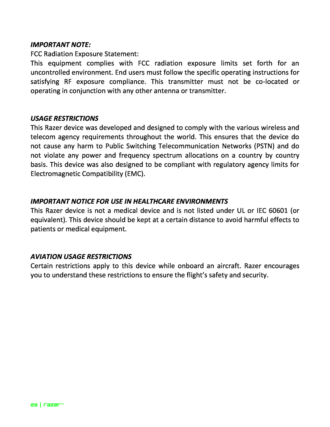 Razer Razer Edge Pro manual Important Note, Usage Restrictions, Important Notice For Use In Healthcare Environments 