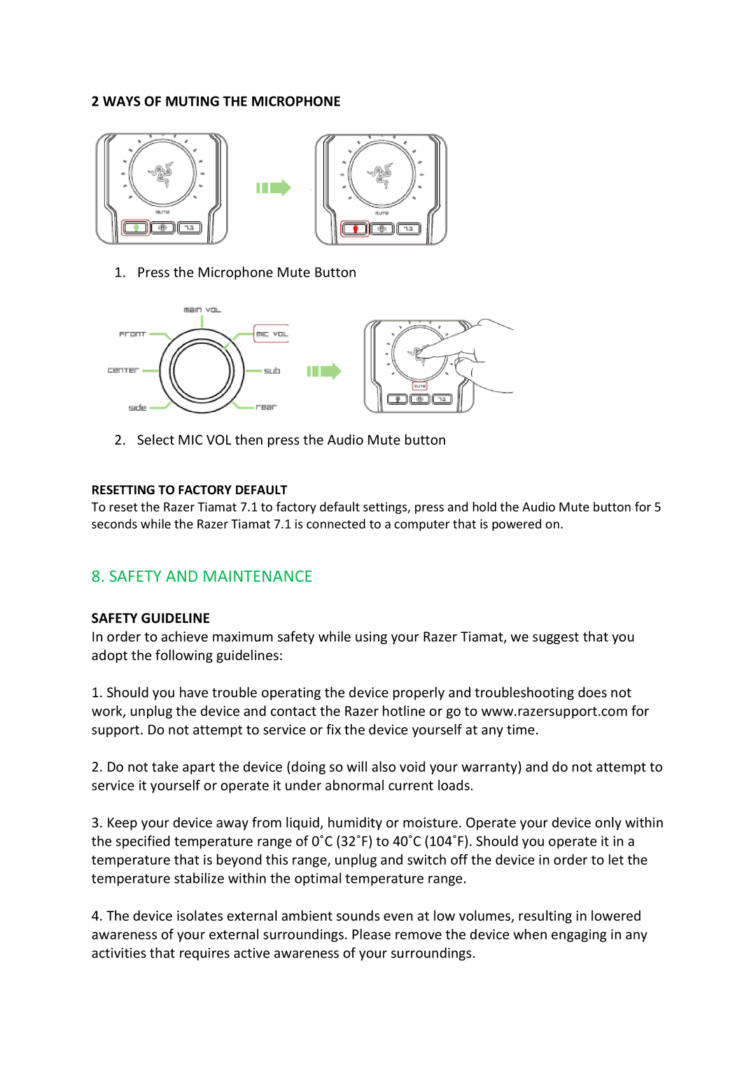 Razer RZ04-00600100-R3U1 technical specifications Safety and Maintenance, Ways of Muting the Microphone, Safety Guideline 