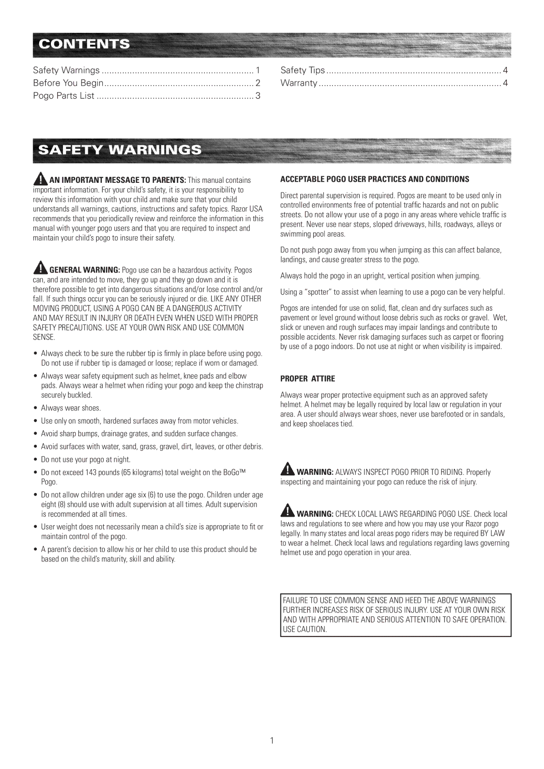 Razor 10067112 owner manual Contents, Safety Warnings 