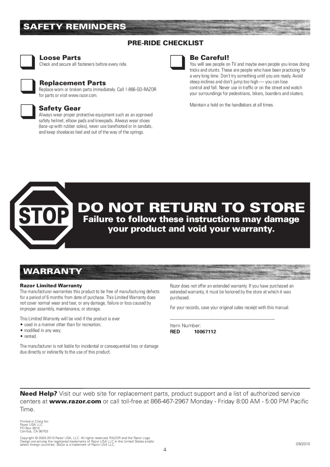 Razor 10067112 owner manual Safety Reminders, Warranty 