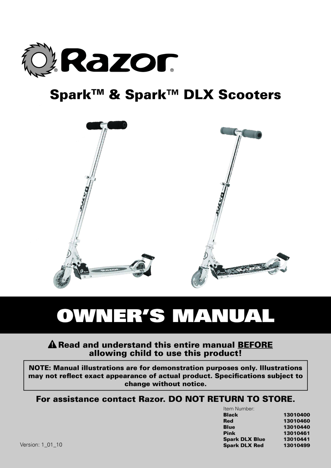 Razor 13010461, 13010499, 13010460, 13010400, 13010441, 13010440 owner manual SparkTM & Spark DLX Scooters 