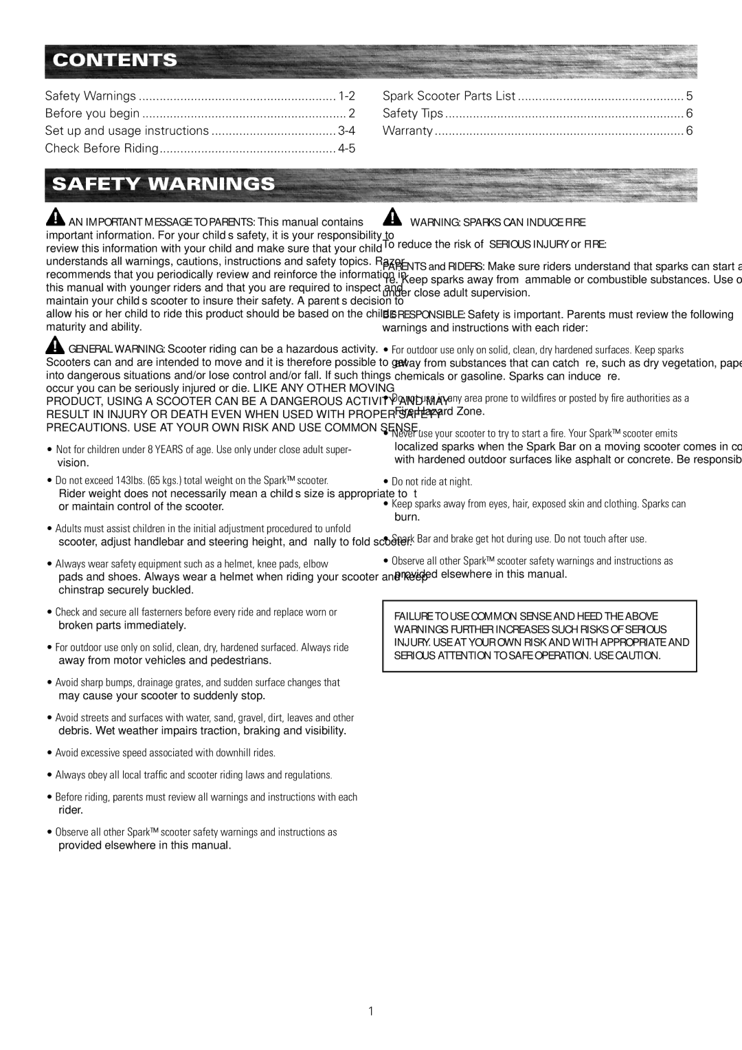 Razor 13010460, 13010499, 13010461, 13010400, 13010441, 13010440 owner manual Contents, Safety Warnings 