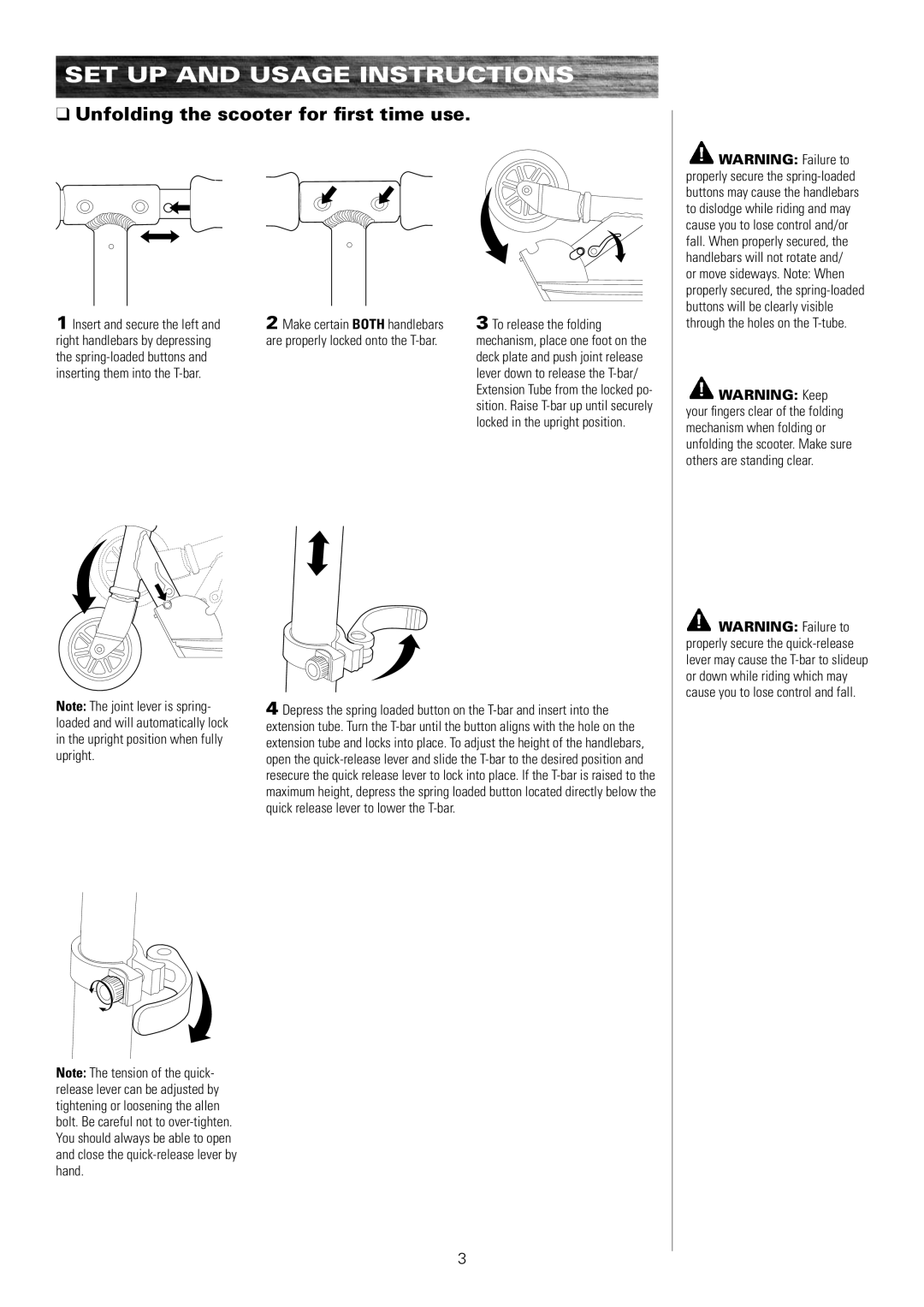 Razor 13010441, 13010499, 13010461, 13010460 Set up and usage instructions, Unfolding the scooter for first time use 