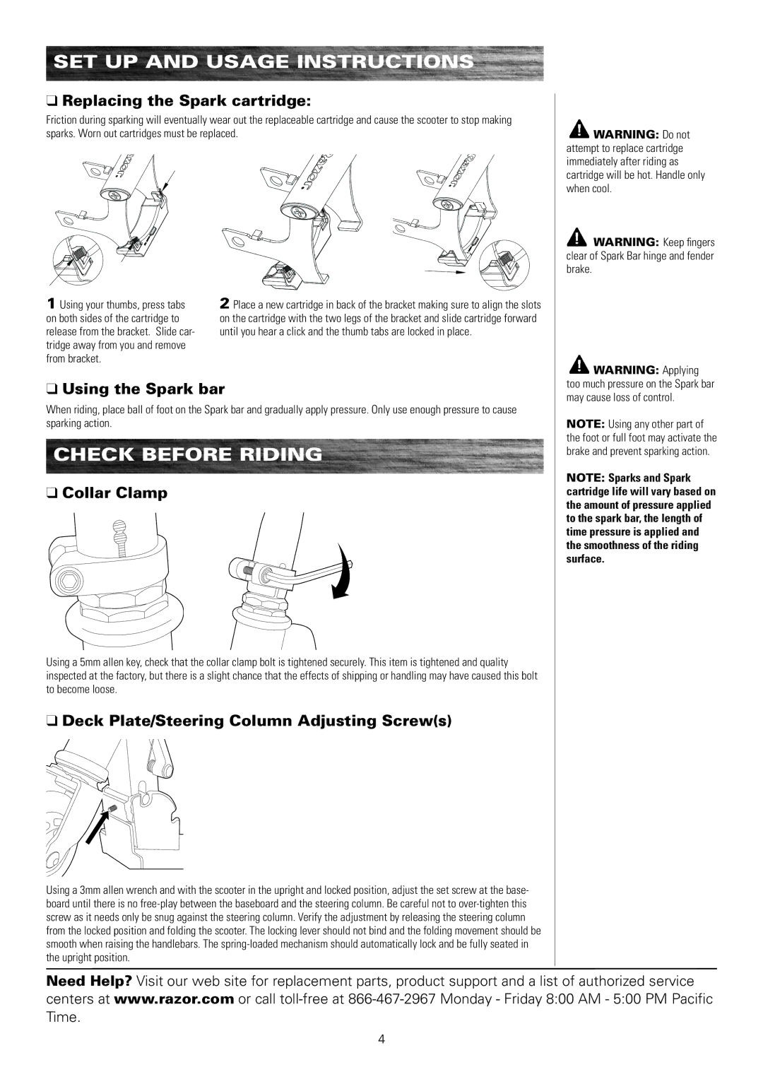 Razor 13010440, 13010499, 13010461 Check before riding, Replacing the Spark cartridge, Using the Spark bar, Collar Clamp 