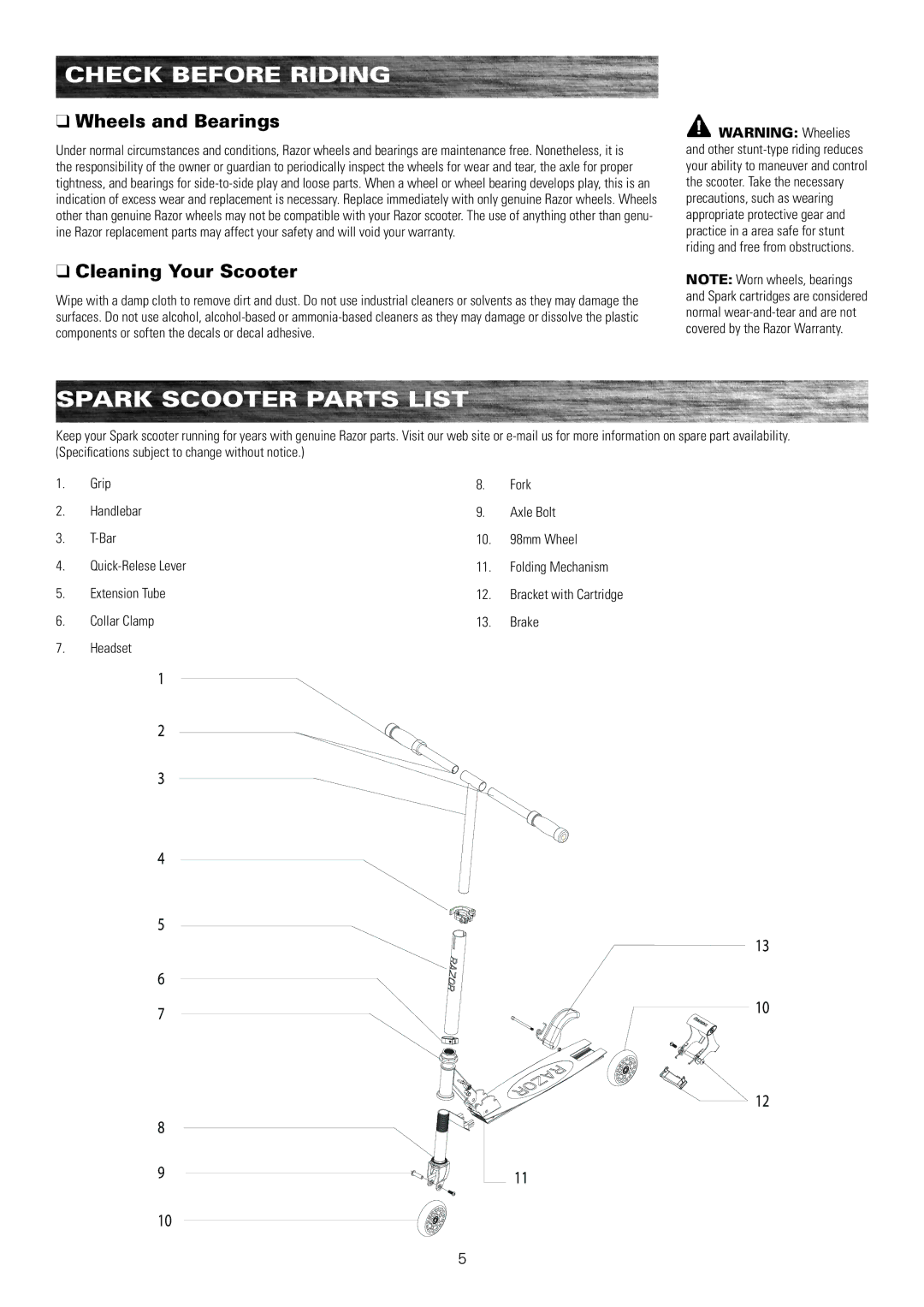 Razor 13010499, 13010461 Spark Scooter Parts List, Wheels and Bearings, Cleaning Your Scooter, Collar Clamp Brake Headset 