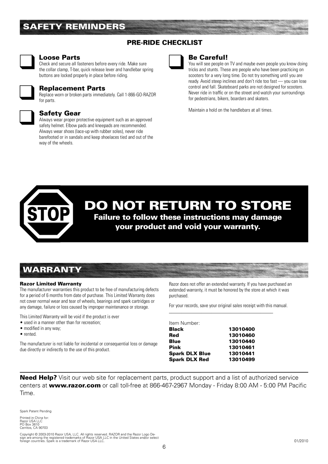 Razor 13010461, 13010499, 13010460, 13010400 Safety reminders, Loose Parts Be Careful, Replacement Parts, Safety Gear 