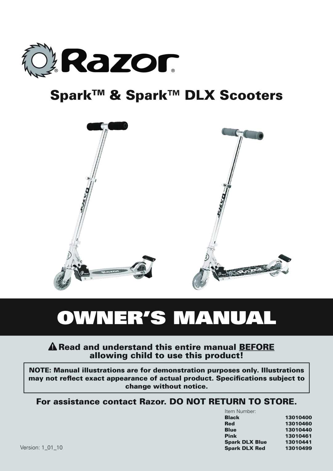 Razor 13010461, 13010499, 13010460, 13010400, 13010441 owner manual Owner’s Manual, SparkTM & Spark DLX Scooters, Version 