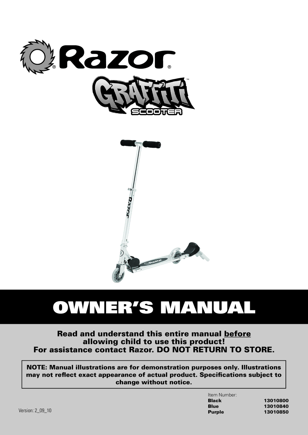 Razor 13010800, 13010850, 13010840 owner manual Scooter 