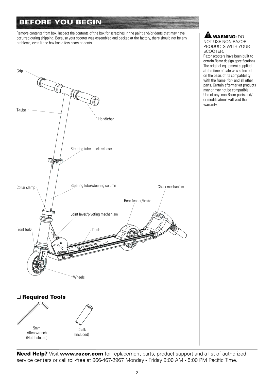 Razor 13010850 Before You Begin, Required Tools, Rear fender/brake Joint lever/pivoting mechanism Front fork, Wheels 