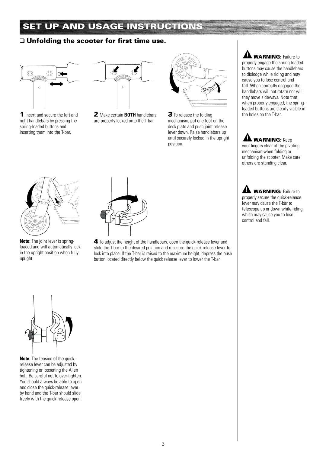 Razor 13010800, 13010850, 13010840 owner manual Set up and usage instructions, Unfolding the scooter for first time use 