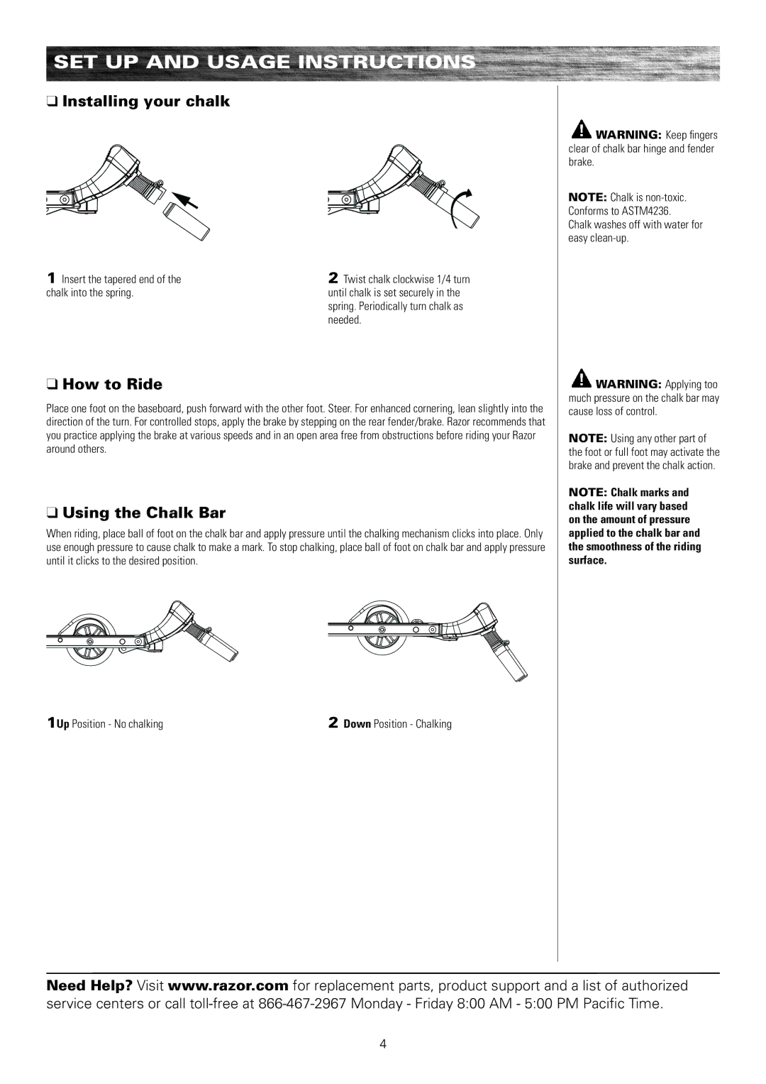 Razor 13010840, 13010850, 13010800 owner manual Installing your chalk, How to Ride, Using the Chalk Bar 