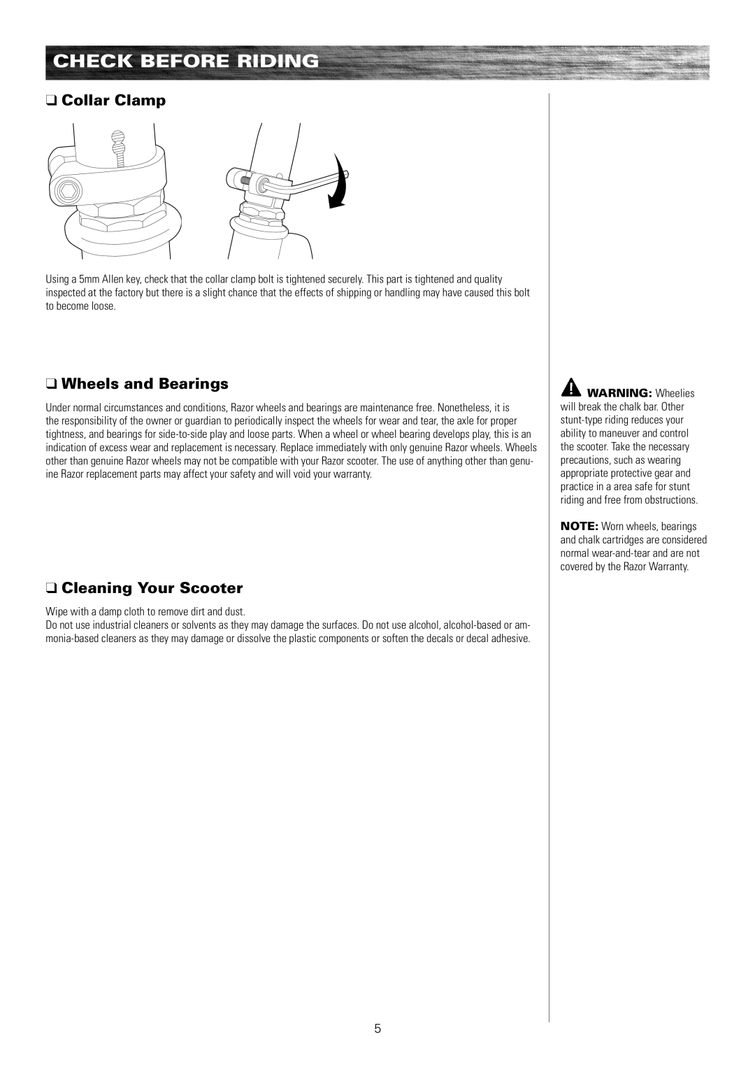 Razor 13010850, 13010800, 13010840 owner manual Check before riding, Collar Clamp, Wheels and Bearings, Cleaning Your Scooter 