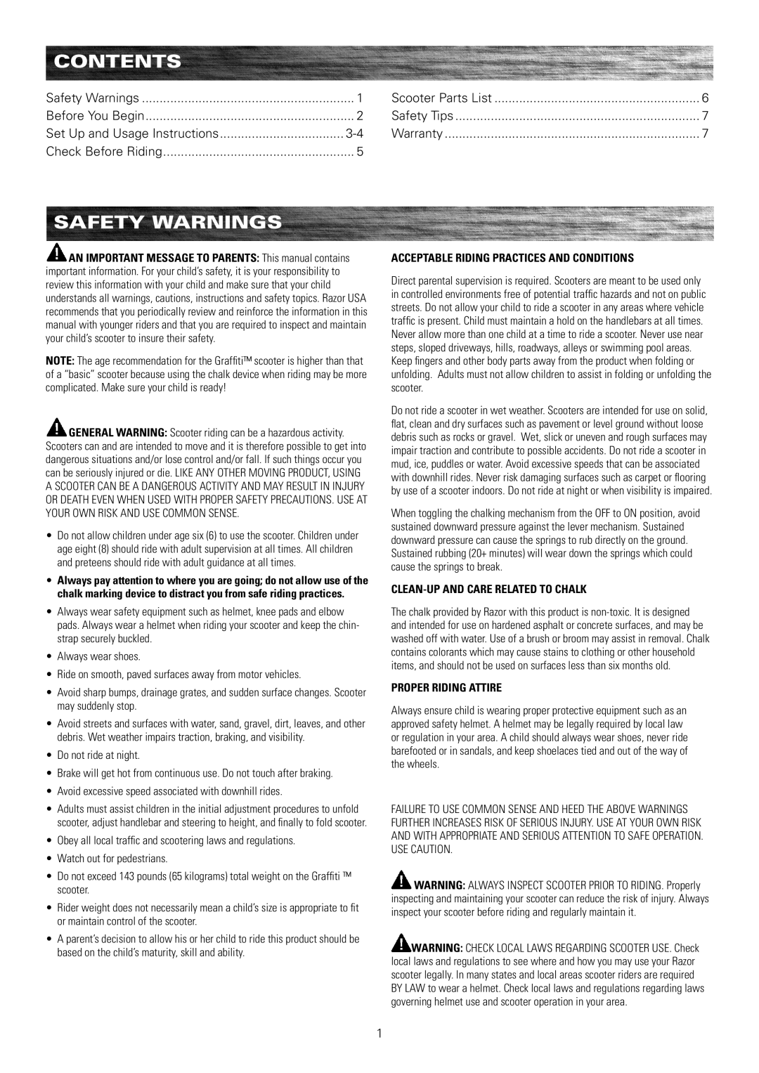 Razor 13010840 Contents, Safety Warnings, Acceptable Riding Practices And Conditions, Clean-Up And Care Related To Chalk 