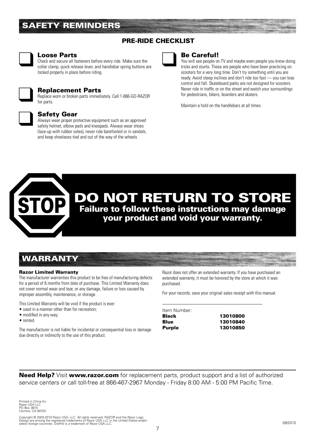 Razor 13010840 Safety reminders, Warranty, Pre-Ride Checklist, Loose Parts, Be Careful, Replacement Parts, Safety Gear 
