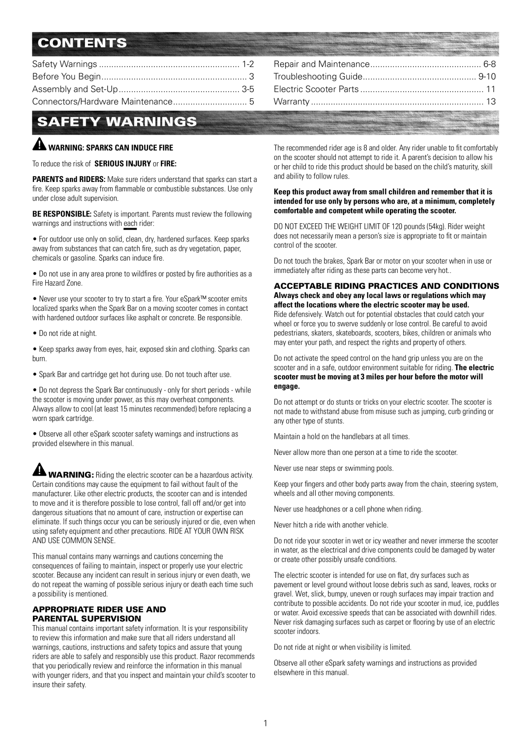 Razor 13111290 owner manual Contents, Safety Warnings, Repair and Maintenance 