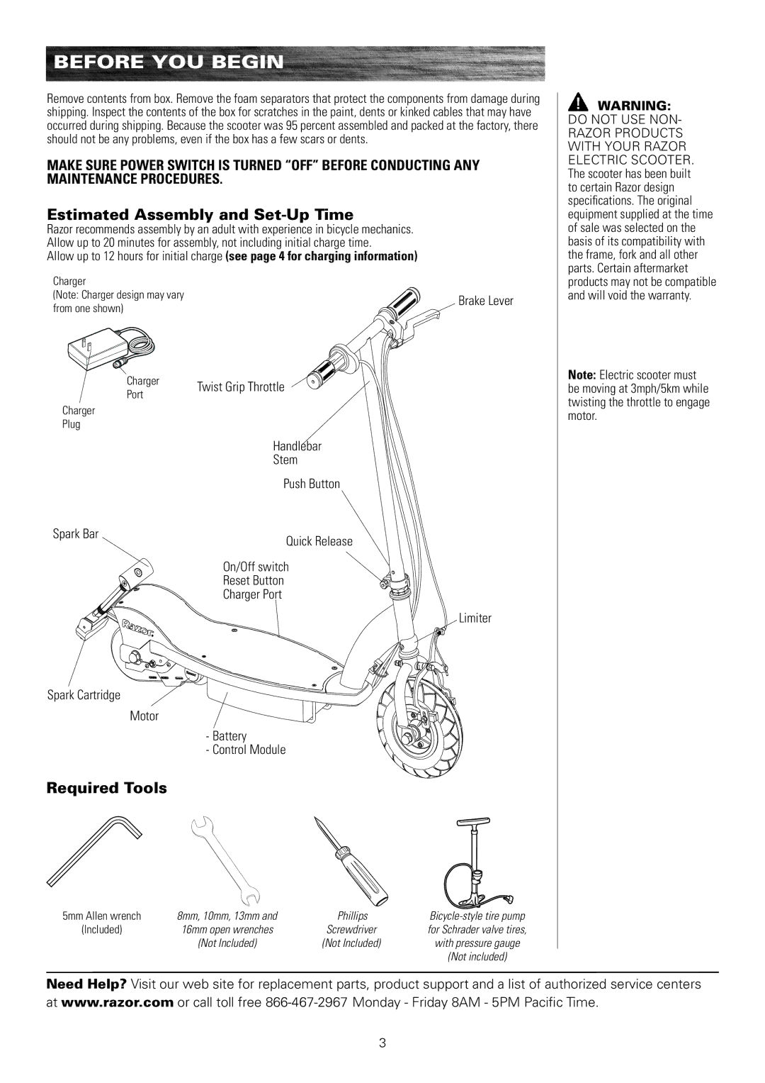 Razor 13111290 owner manual Before You Begin, Estimated Assembly and Set-Up Time, Required Tools 