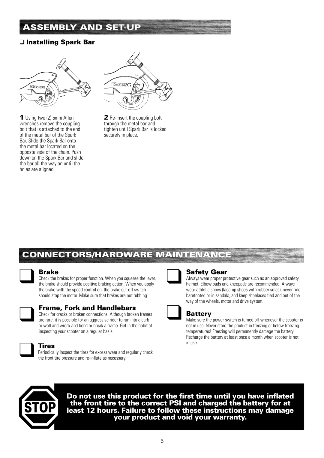 Razor 13111290 owner manual Installing Spark Bar, Brake, Frame, Fork and Handlebars, Tires, Safety Gear, Battery 