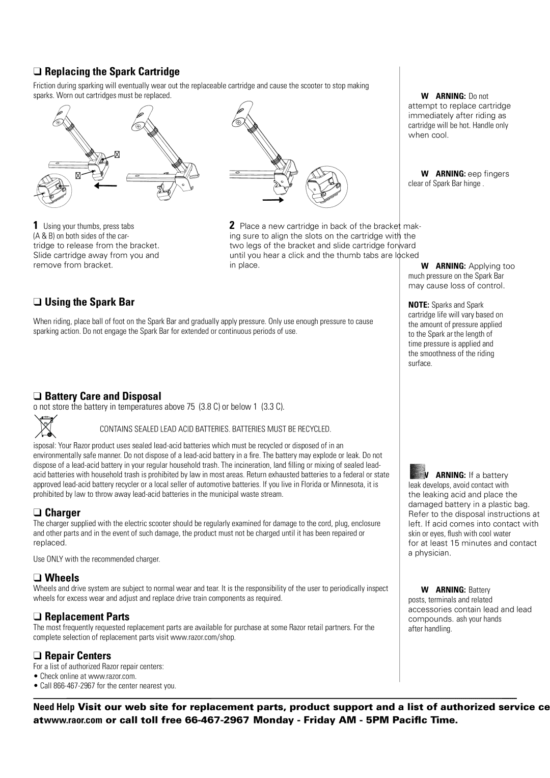 Razor 13111290 owner manual Replacing the Spark Cartridge, Using the Spark Bar, Battery Care and Disposal, Charger, Wheels 