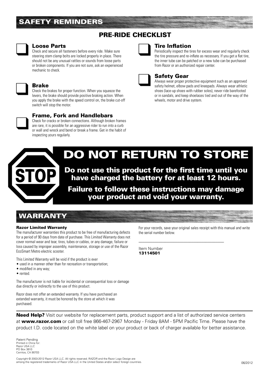 Razor 13114501 owner manual Safety Reminders, Warranty 