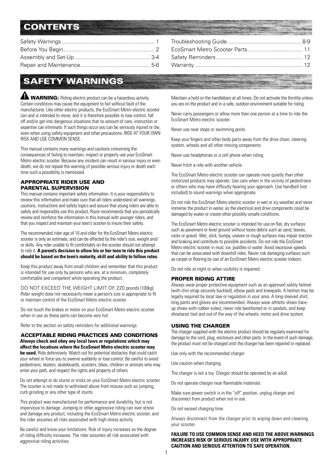 Razor 13114501 owner manual Contents, Safety Warnings, Do not ride at night or when visibility is impaired 