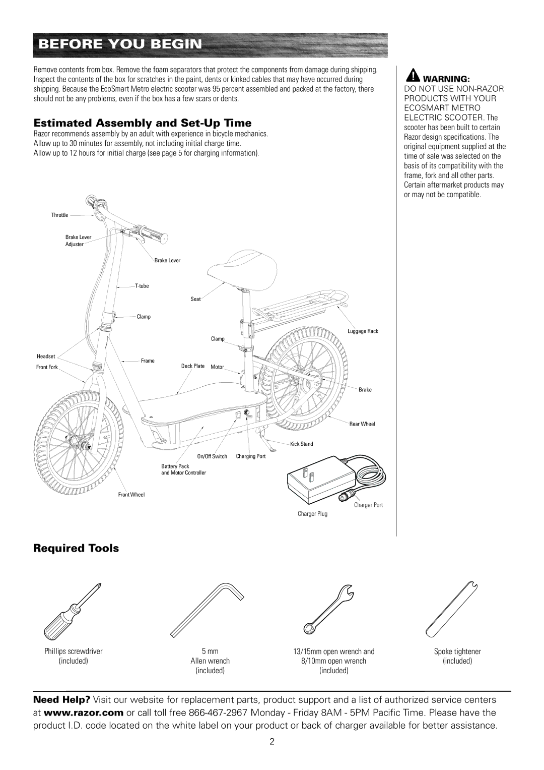 Razor 13114501 owner manual Before YOU Begin, Estimated Assembly and Set-Up Time, Required Tools 