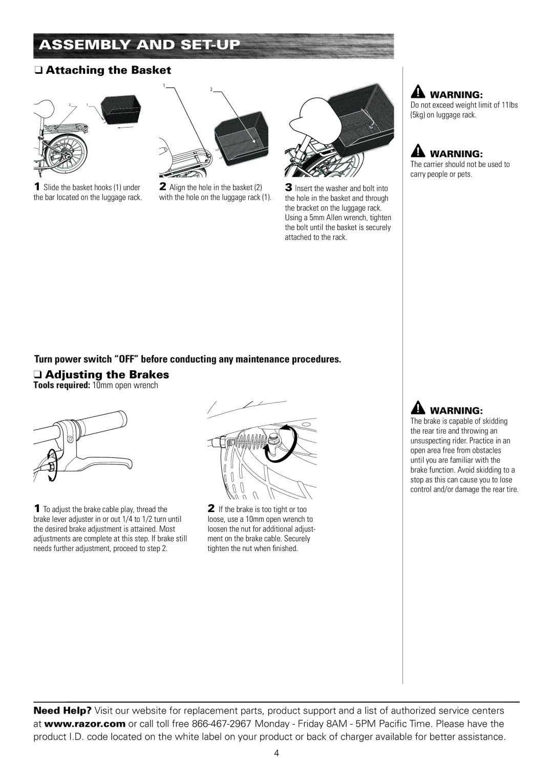 Razor 13114501 owner manual Attaching the Basket, Adjusting the Brakes 