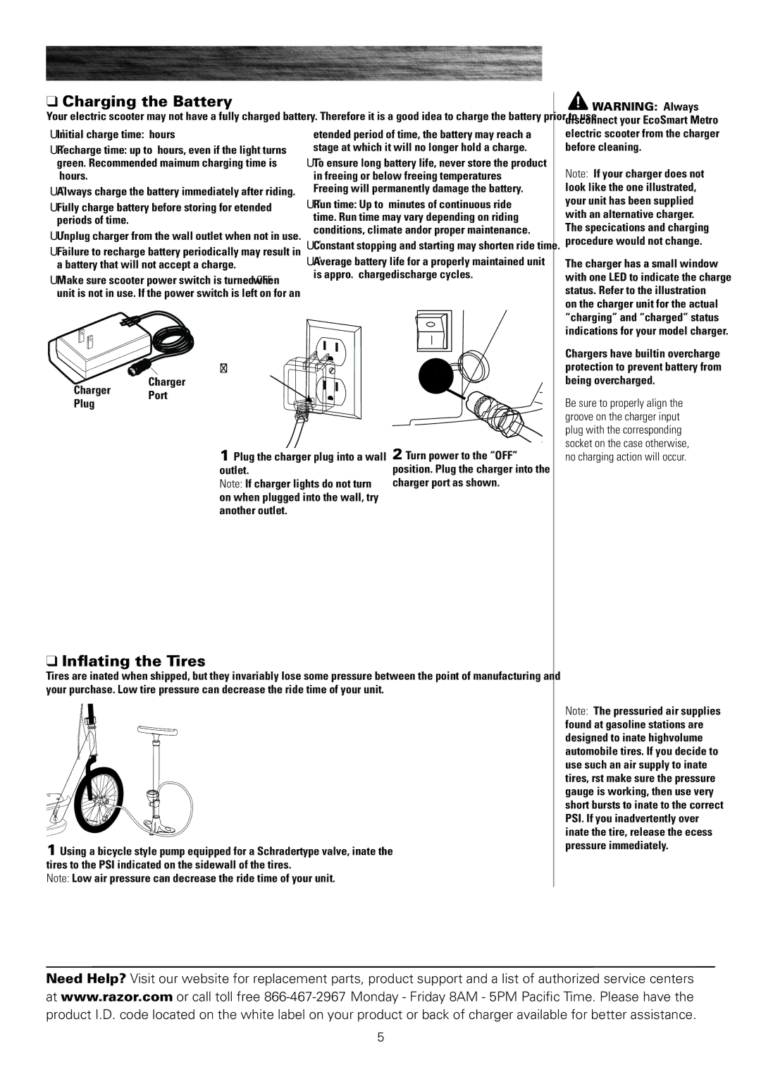 Razor 13114501 owner manual Repair and Maintenance, Charging the Battery, Inﬂating the Tires 