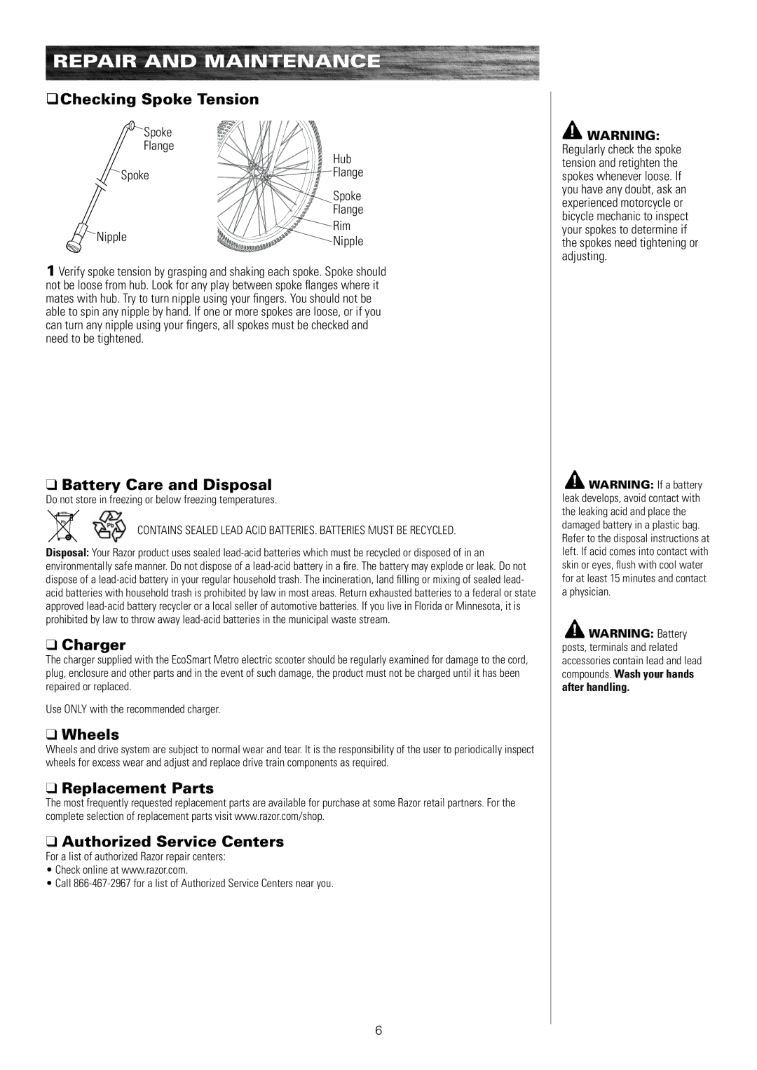 Razor 13114501 owner manual QChecking Spoke Tension, Battery Care and Disposal, Charger, Wheels 