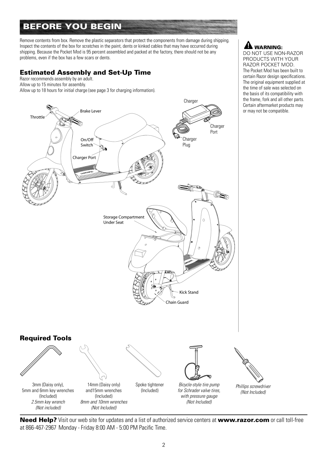 Razor 15130661, 15130650, 15130610 Before You Begin, Estimated Assembly and Set-Up Time, Required Tools, Charger Plug 